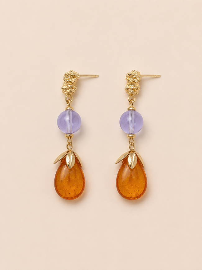 Amber Orange Glass Brass Art Earrings Main Image