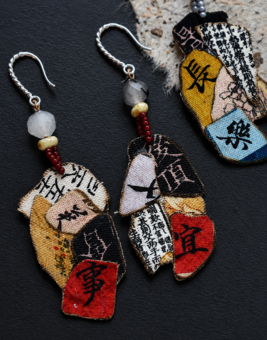 Kinsai Vintage Calligraphy Fabric Earrings