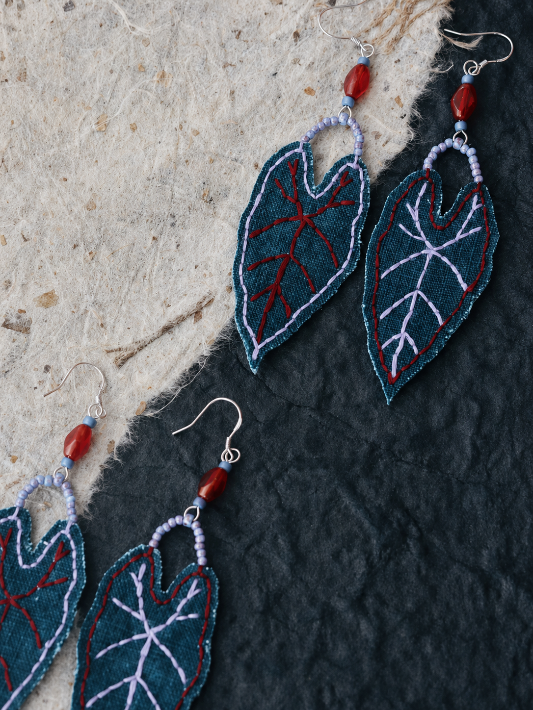 Green Leaf Embroidery Fabric Earrings