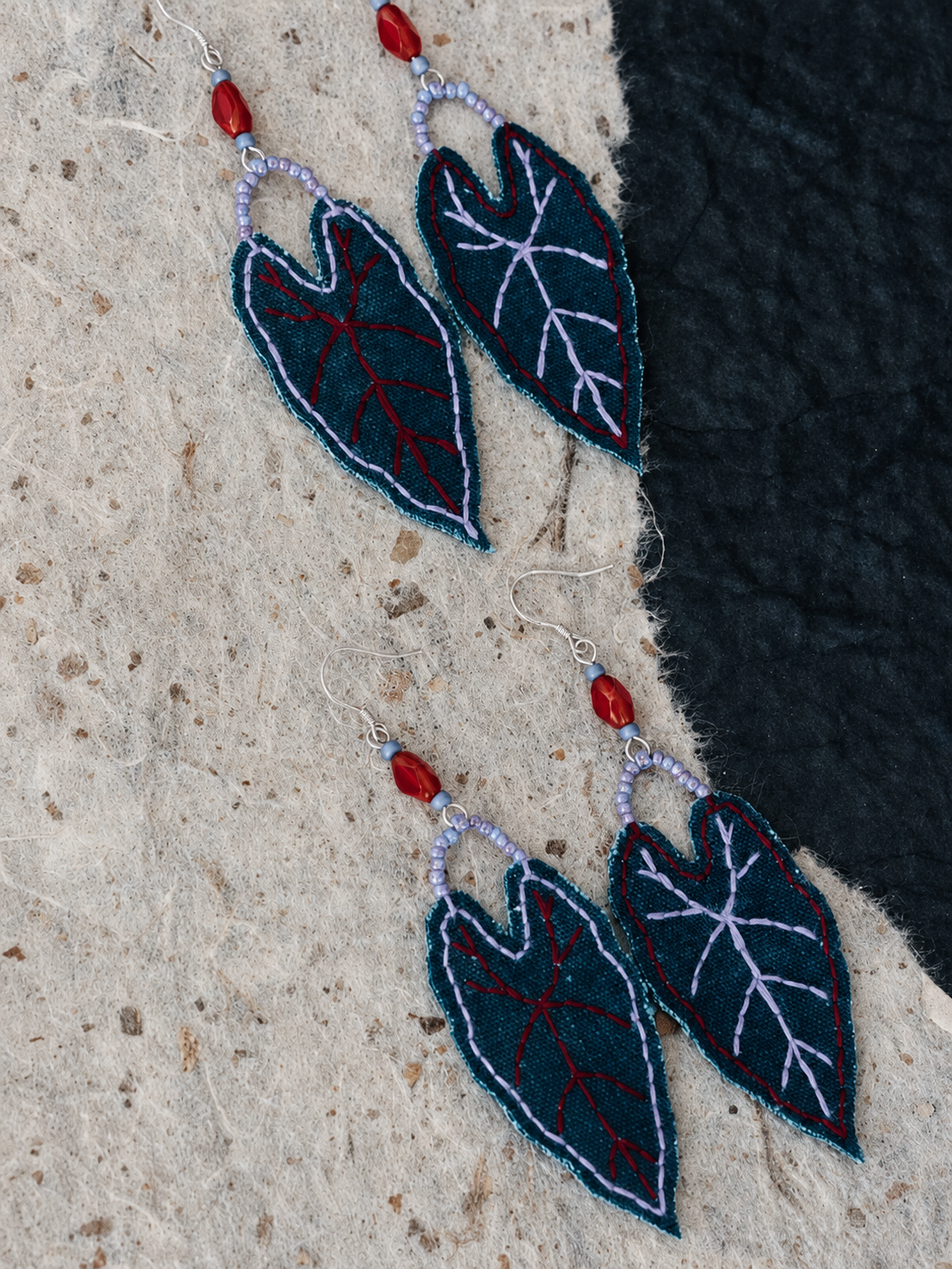 Green Leaf Embroidery Fabric Earrings
