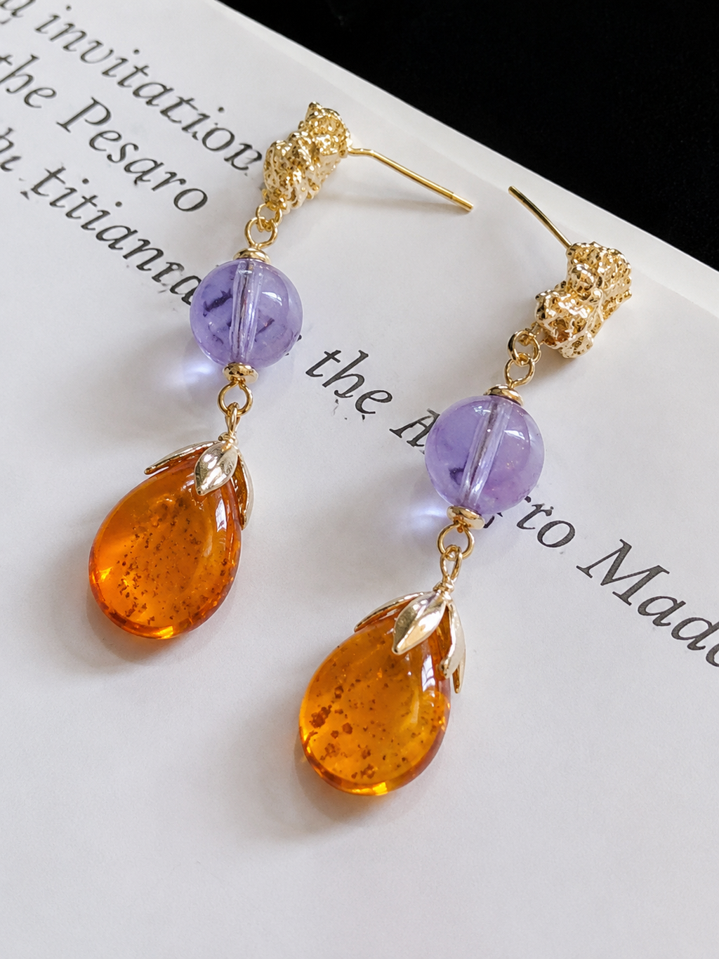 Amber Orange Glass Brass Art Earrings