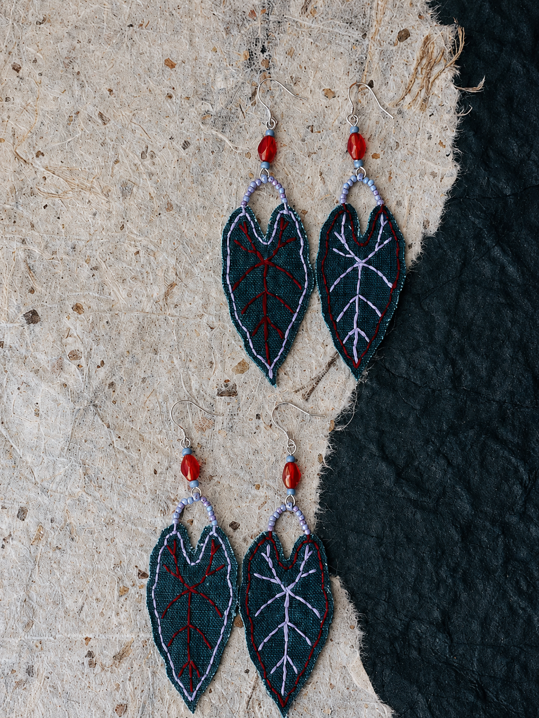 Green Leaf Embroidery Fabric Earrings