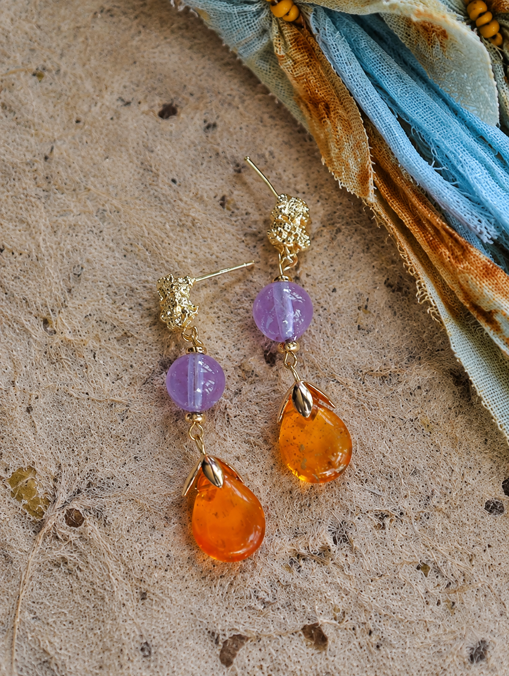 Amber Orange Glass Brass Art Earrings