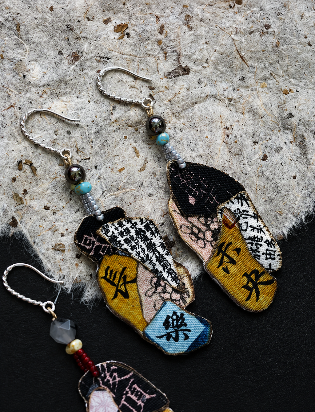 Kinsai Vintage Calligraphy Fabric Earrings